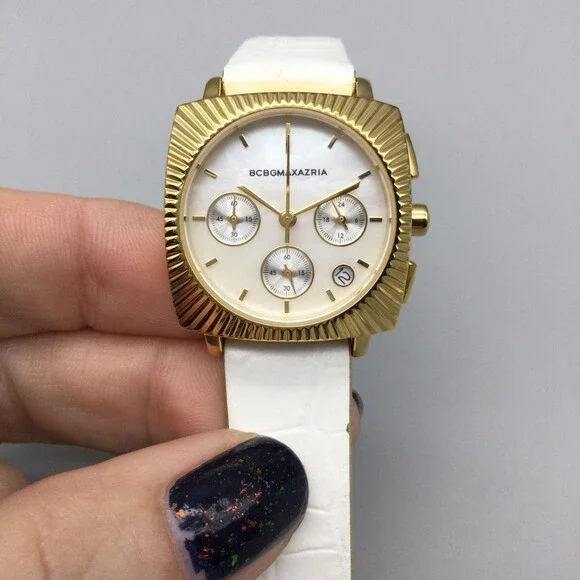 BCBGMAXAZRIA Watch Womens 29mm Gold Square MOP Chronograph Leather New Battery - Picture 8 of 14